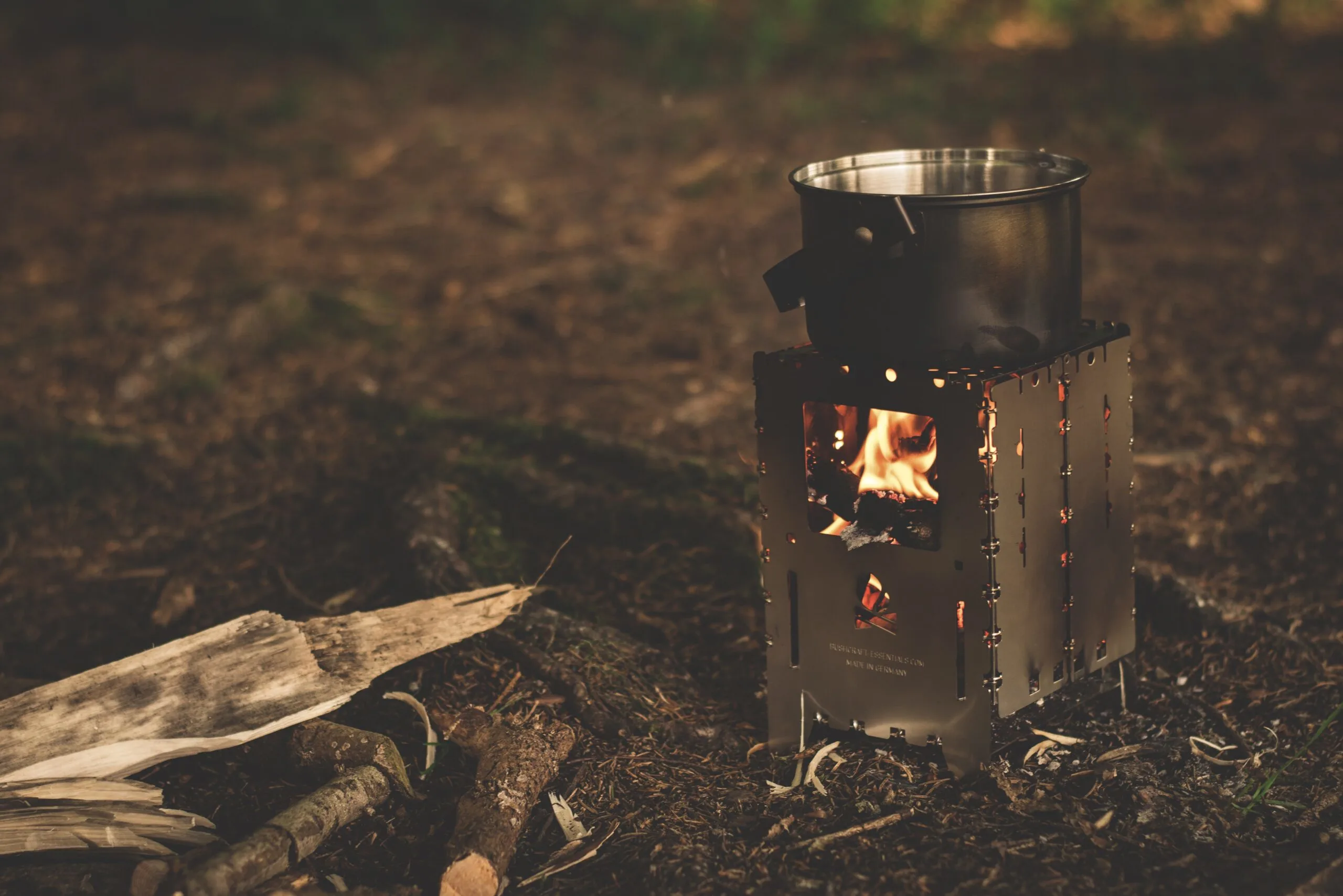 Stainless Steel Pot on Brown Wood Camp Stove Outside during Night Time